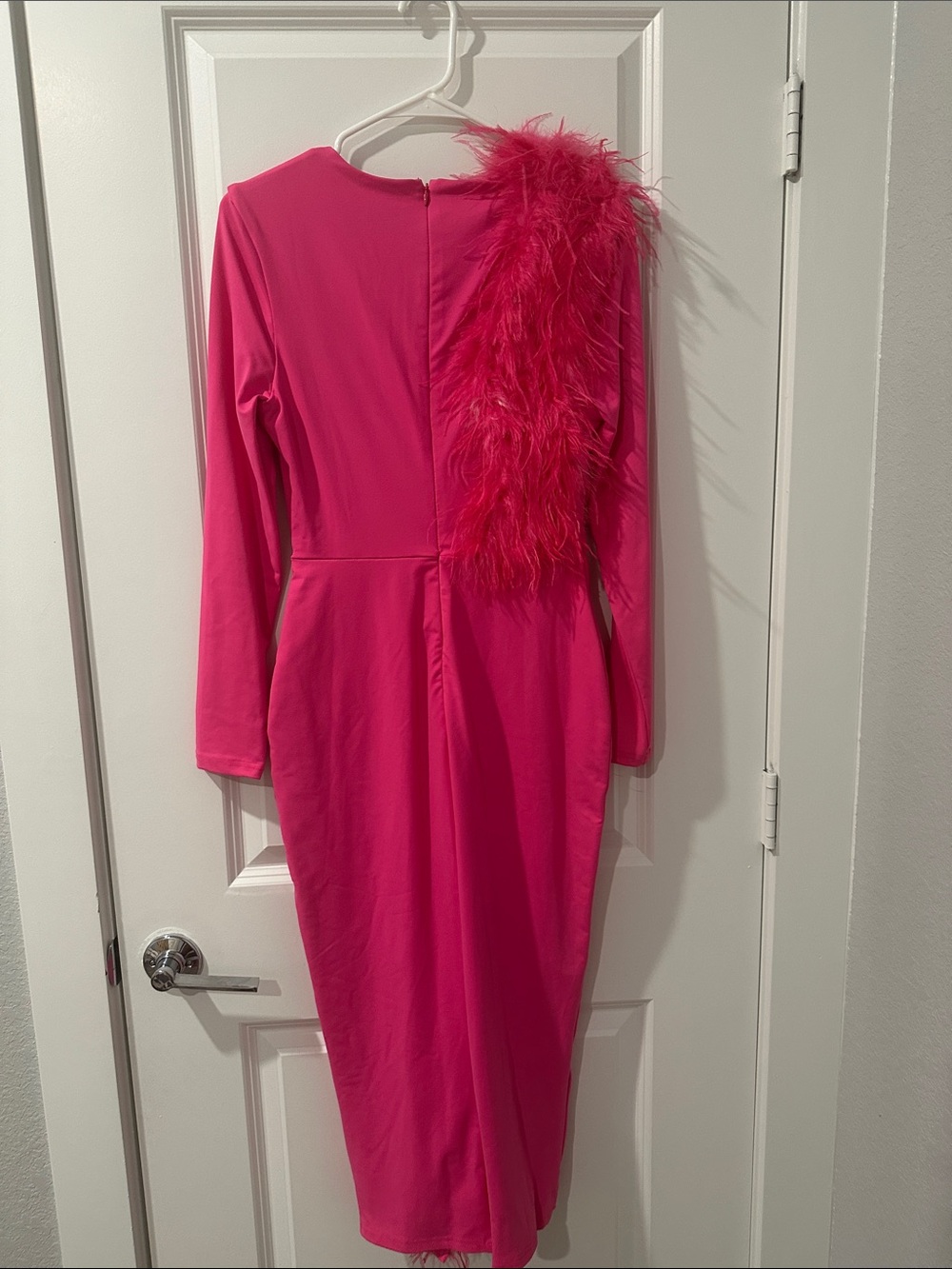 Club L London Hot Pink Feather-Trim Long Sleeve Midi Dress - Picture 9 of 9